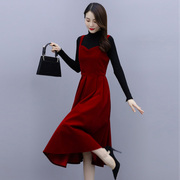 法式显瘦套装2023春秋天连衣裙女红色丝绒背带裙两件套日常小红裙