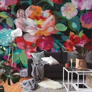 个性油画花卉壁纸美式创意大花墙纸客厅电视背景定制壁画墙布