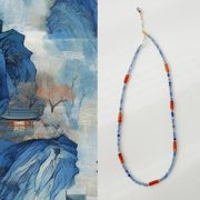 蓝橘色水墨山水天然石国风(石国风)颈链，串珠项链颈链手作原创小众饰品