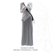 大码胖妹妹慵懒松弛感刺绣，薄款防晒罩衫，+灰色挂脖吊带连衣裙套装
