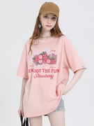 耐克顿樱花粉t恤夏天女款上衣2024草莓短袖小众设计感纯棉宽
