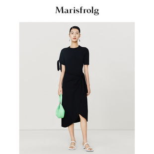 商场同款玛丝菲尔连衣裙，夏季立裁绑结式不规则针织小黑裙