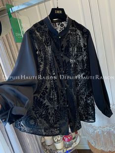 dhr高级感独特黑色新中式盘扣丝绒，蕾丝提花假两件衬衫上衣女宽松