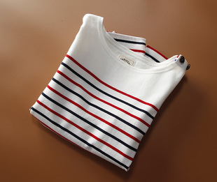 设计师感 法式经典针织纯棉条纹红白蓝海魂衫T恤女长袖柔软打底衫