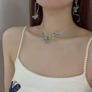 森系仙女绿色琉璃蓝水晶花朵，植物串珠铃铛项链，耳环独特锁骨链颈链