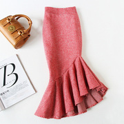 不规则荷叶边鱼尾裙，秋冬女红色小格子，半身裙长款包臀毛呢半身长裙