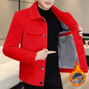 加绒加厚短款毛呢大衣冬季男士修身帅气红色呢子夹克英伦休闲外套