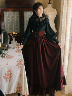 法式欧式宫廷复古长袖，蕾丝衬衫条纹，长裙两件套连衣裙暗黑系lolita