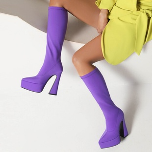 玫红色宝蓝色紫色靴子婚鞋尖头高跟高筒靴女弹力布瘦瘦靴大码 HC