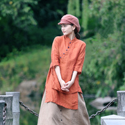 古石后原创布衣中式衬衫复古斜襟橘红色夏季薄款亚麻短袖上衣女