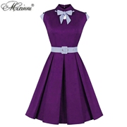 欧美法式气质淑女赫本风复古紫色Vintage50年代感收腰大摆连衣裙