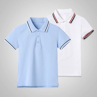 儿童polo衫浅蓝色条纹领短袖，t恤中小学生校服，夏季男女童白色薄款