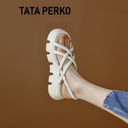 tataperko联名女鞋白色厚底松糕，凉鞋女夏露趾后空高跟罗马鞋子女