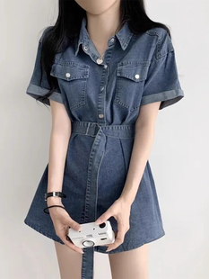 韩国chic夏季复古气质翻领单排扣系带收腰短袖工装牛仔连衣裙女