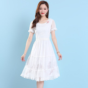 白色绣花短袖，高档连衣裙夏季大码网纱显瘦大摆裙子，粉红玛丽