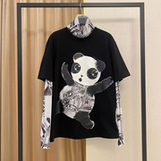 华来阿玛施特品牌2023春夏圆领熊猫印花宽松短袖T恤女中长款