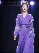 新中式中国风紫色针织毛衣连衣裙长款女2023秋装高端法式长裙