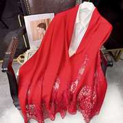 -高端刺绣羊毛围巾女夏季薄款蕾丝红色，外搭婚礼妈妈礼物羊绒披肩