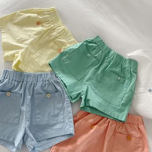 男女宝宝棉短裤糖果色韩版大口袋纯色休闲裤，薄款宽松热裤夏季潮