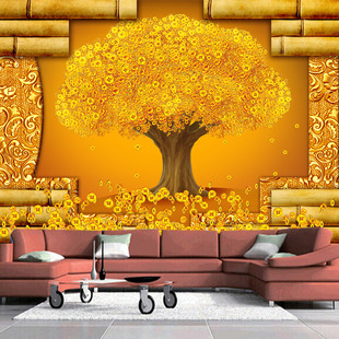 8d大气关公壁纸金色，发财树电视背景墙纸，大厅办公室招财进宝3d壁画