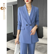 蓝色青果领时尚小西装套装女2022春秋高级感减龄西服两件套