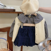 EYAS学院风格子衬衫百褶裙套装2023秋装女童娃娃领针织马甲三件套
