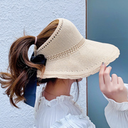 夏季大沿女帽纯色遮阳遮脸可折叠针织女帽沙滩帽凉帽韩版时尚草帽
