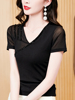 短袖T恤女夏季2023年洋气时尚小衫设计感网纱黑色钉珠V领上衣