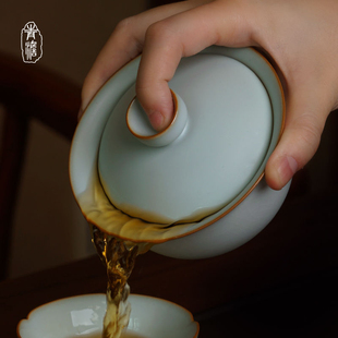 汝窑盖碗茶杯单个大号泡茶碗景德镇汝瓷三才杯手工陶瓷茶具冰裂釉