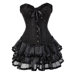 维多利亚式corset裙子套装，加大码中世纪塑身衣配黑色，短裙女束身衣