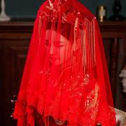 红盖头新娘红色头纱中式秀禾古风半透明蕾丝结婚红纱出嫁高级纱巾