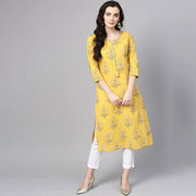 印度传统服饰女民族风，上衣日常纯棉花卉，印花服装薄黄色中长款