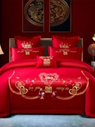 新婚庆(新婚庆)大红色，四件套天丝棉绣花被套结婚礼，家纺床上用品1.51.8床