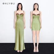 绿色设计感抹胸缎面，吊带连衣裙女露背性感礼服，修身气质包臀长裙子