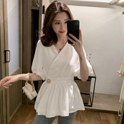短袖上衣衬衫女2023夏季韩版v领束腰chic风，雪纺白色衬衣