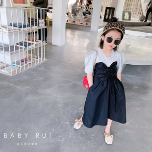 韩版女童装儿童夏季小大人版洋气假2件短袖连衣裙宝宝时尚裙