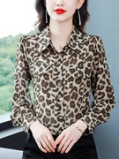 美式豹纹衬衫女士设计感长袖上衣秋季2023年流行小衫遮肚子雪纺衫