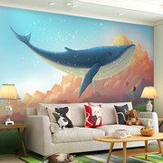 男孩卧室背景墙纸卡通儿童房，壁纸梦幻星空，蓝色海洋鲸主题壁画墙布