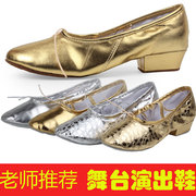 舞蹈鞋女带跟教师艺考专用成人软底，金银色(金银色)有跟民族肚皮民族舞鞋