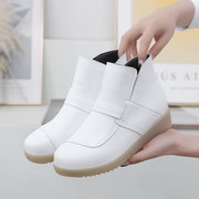 秋季护士鞋女真皮白色单靴平跟牛筋底防滑短靴舒适大码棉靴工作鞋