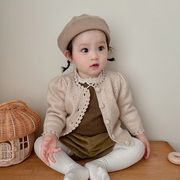 女童冬装宝宝加厚毛衣手工，针织外套婴幼儿复古圆领开衫韩版外出服