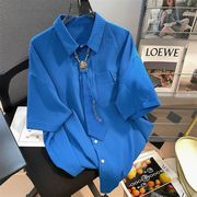 特大码300斤克莱茵蓝华夫格领带衬衫男女夏季设计感宽松工装衬衣2