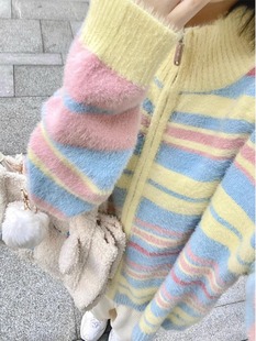 多巴胺彩色条纹针织开衫女2023秋季设计感慵懒风拉链毛衣外套