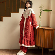 珊瑚睡袍睡衣女秋冬季加绒家居服绒长款套装大红色加厚冬天潮