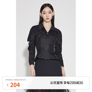 黑标系列 欧时力设计感衬衫女秋装通勤显瘦腰封泡泡袖上衣