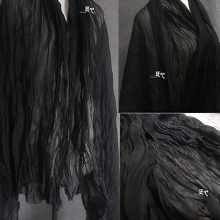 黑色肌理感天丝，压折绉纱轻柔丝滑开衫，汉服裙服装设计师面料