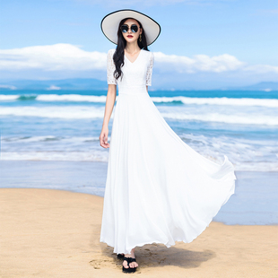 白色连衣裙裙飘逸2023雪纺长款蕾丝，显瘦大摆海边沙滩长裙女夏