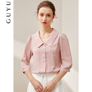 夏季粉色法式雪纺衬衫女中袖设计感小众泡泡袖上衣职业五分袖衬衣