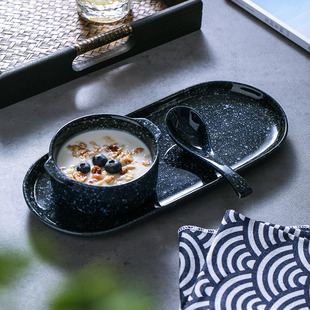 日式简约创意双耳陶瓷碗甜品碗汤盅家用小汤碗单个一人用早餐餐具
