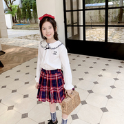 韩版童装春秋女童红色格子半身裙，中大童学院风，百褶裙校服小短裙子